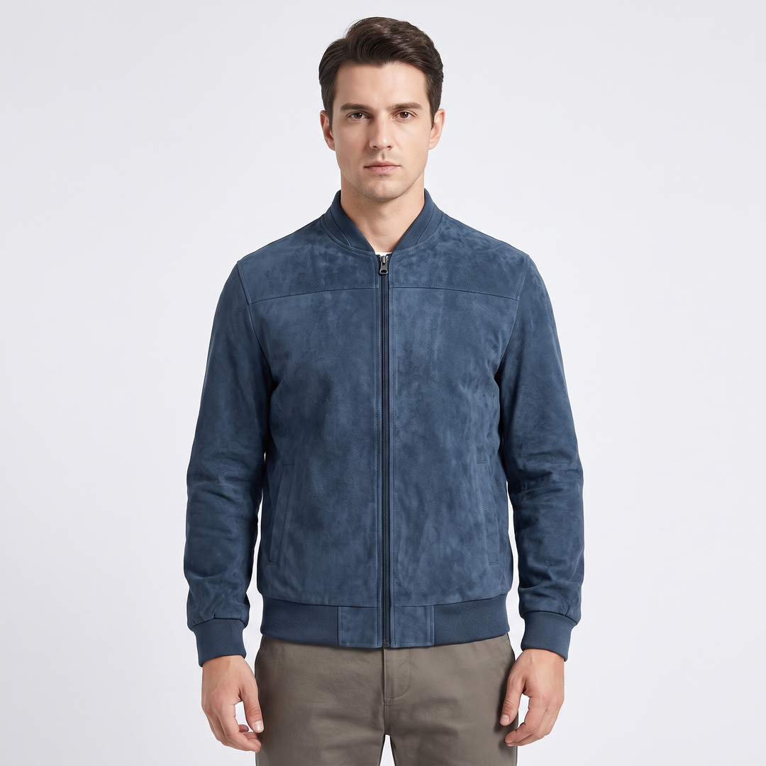 Men's Suede Bomber Jacket Zip Up Stand Collar Casual Lightweight Outerwear