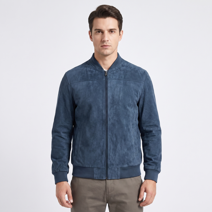 Men's Suede Bomber Jacket Zip Up Stand Collar Casual Lightweight Outerwear