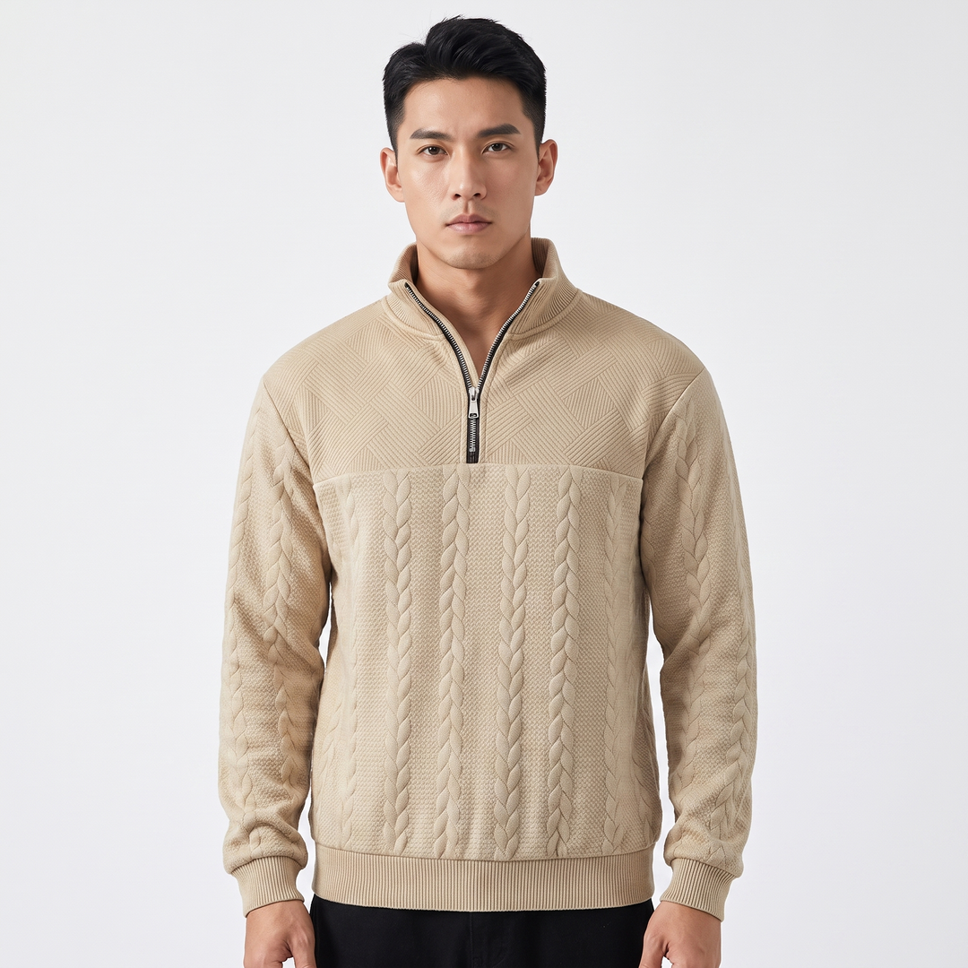Men's Quarter Zip Sweatshirt Cable Knit Texture Stand Collar Casual Pullover Top