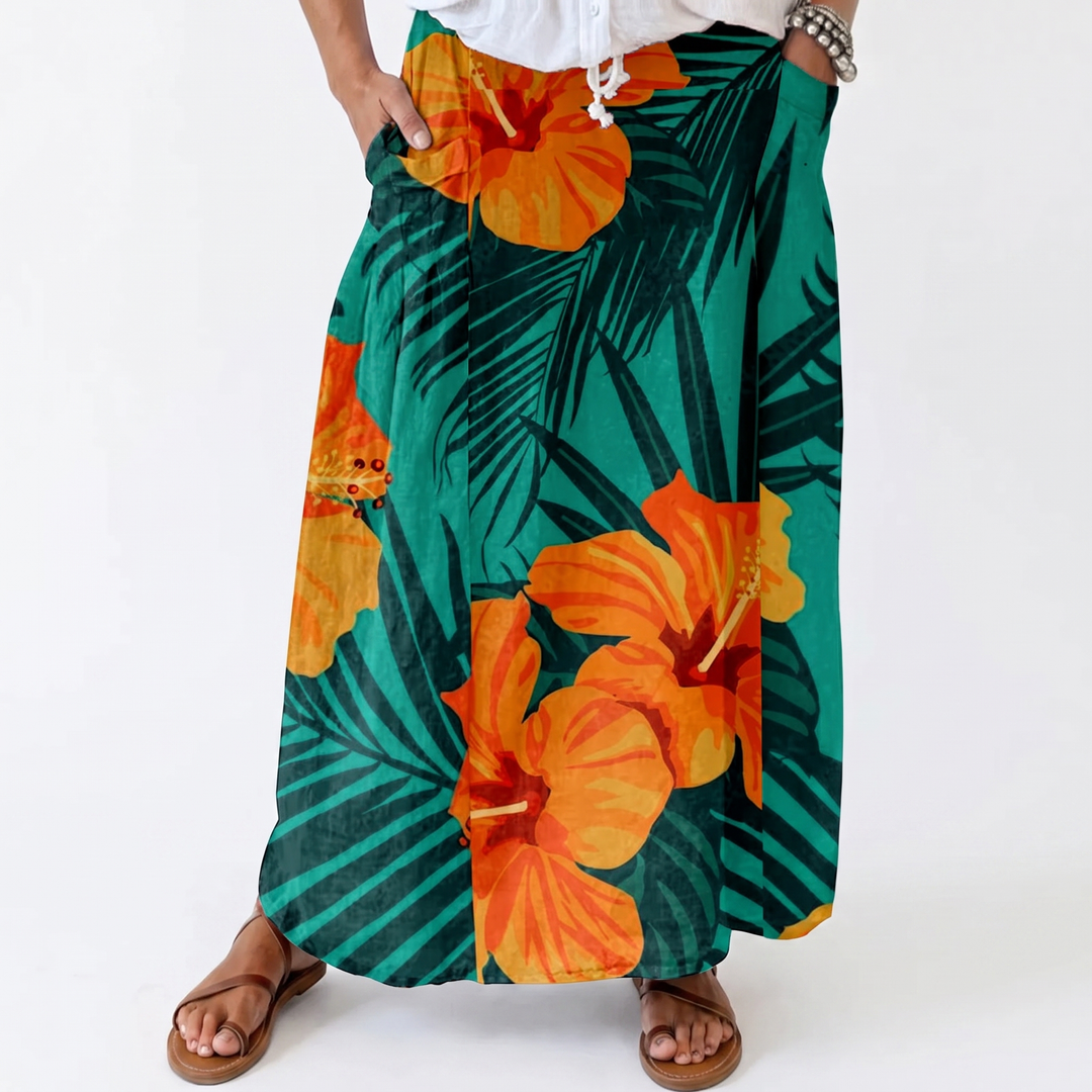 Women's Maxi Skirt Tropical Print Elastic Waist Pockets Beach Boho