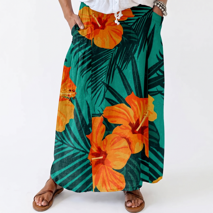 Women's Maxi Skirt Tropical Print Elastic Waist Pockets Beach Boho