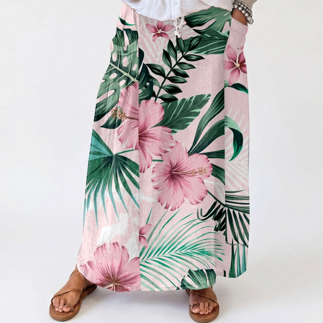 Women's Maxi Skirt Tropical Print Elastic Waist Pockets Beach Boho