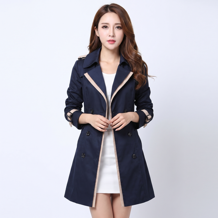 Women's Double Breasted Trench Coat Belted Contrast Trim Fitted Spring Outerwear