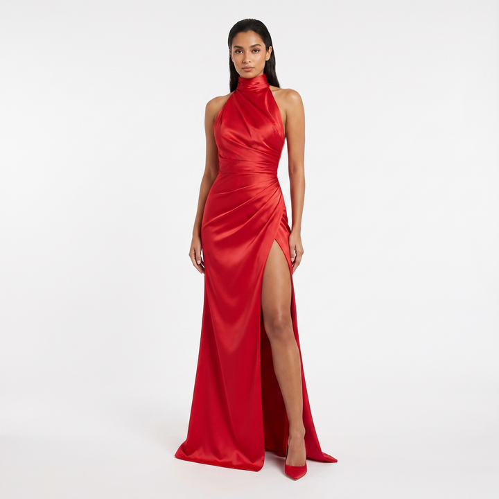 Women's Satin Halter Neck Maxi Gown Ruched High Slit Sleeveless Formal Evening Dress