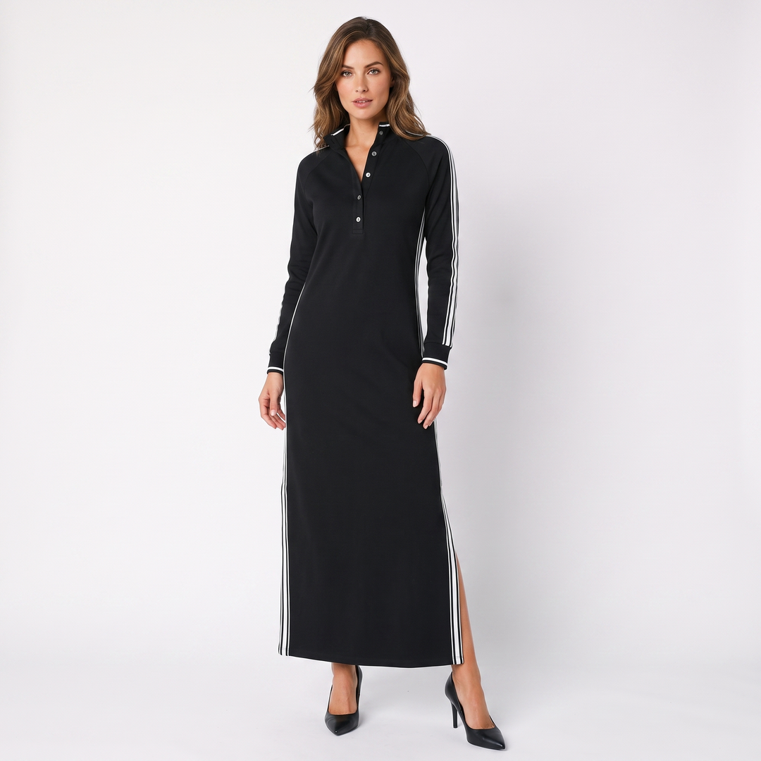 Women's Sporty Stripe Maxi Dress Stand Collar Long Sleeve Button Placket Casual Dress
