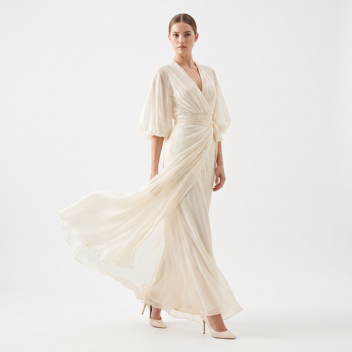Women's Chiffon Wrap Maxi Dress Deep V-Neck Batwing Sleeve Draped Formal Evening Dress