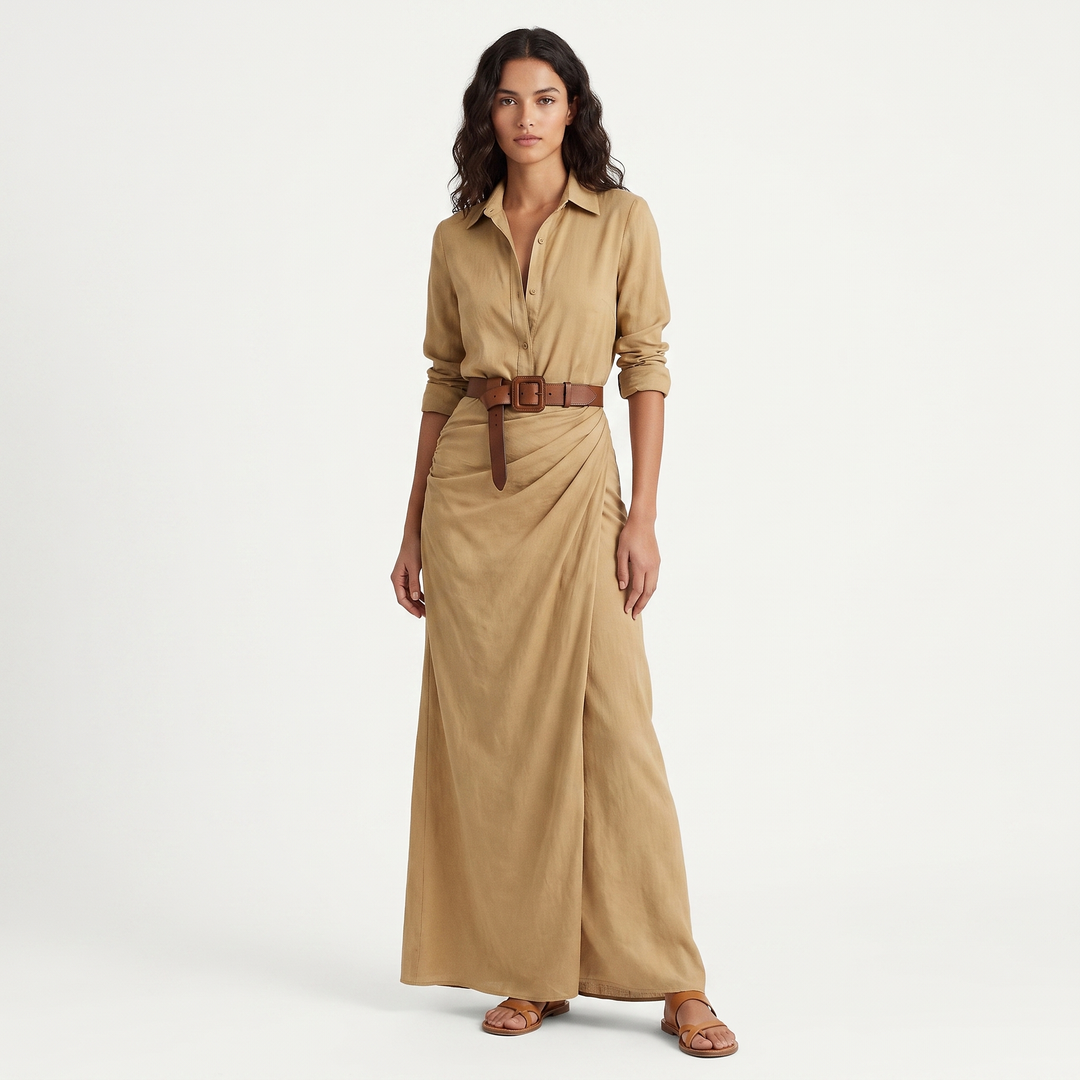 Women's Long Sleeve Wrap Maxi Dress Deep V-Neck Belted Shirt Dress