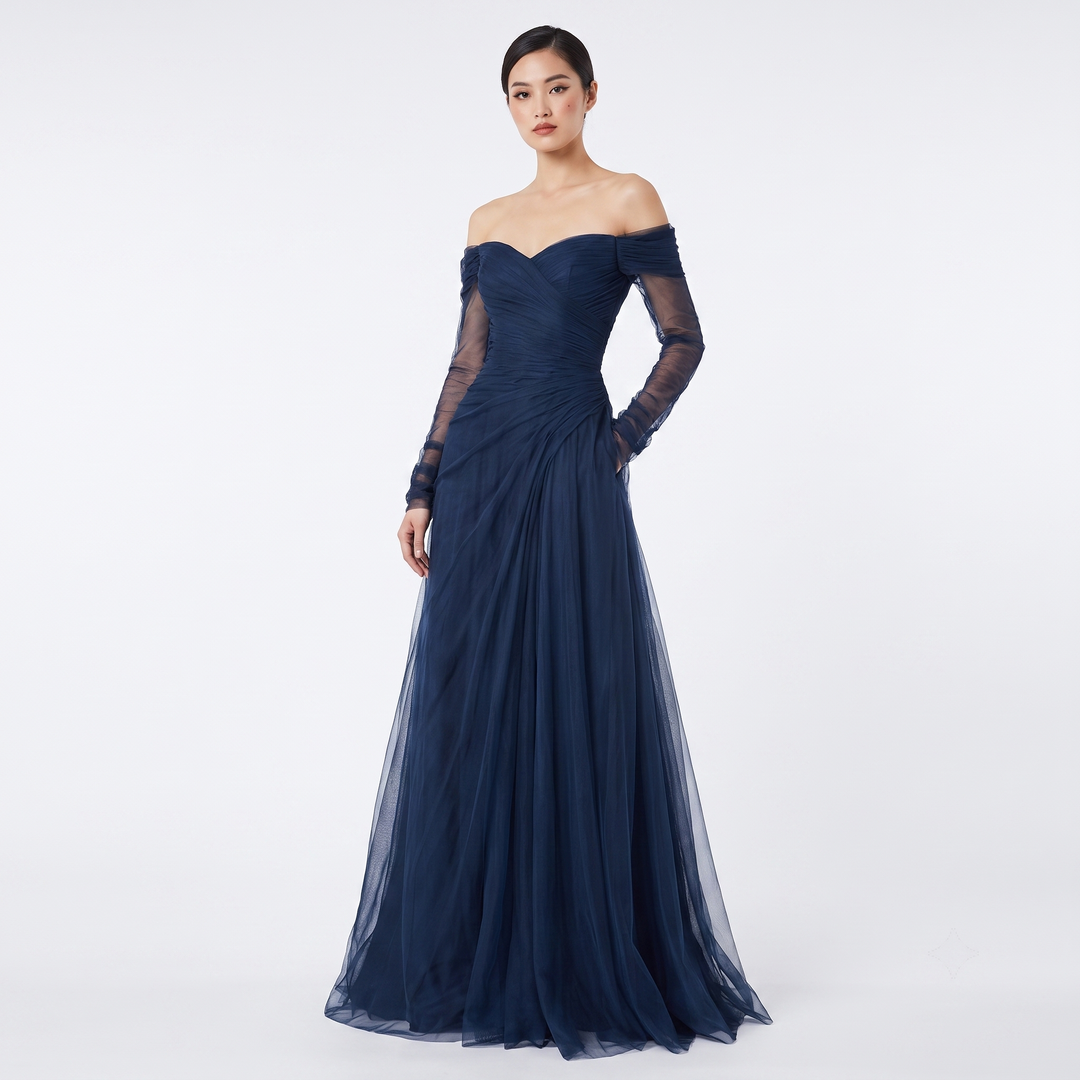 Women's Off-Shoulder Tulle Ball Gown Maxi Dress Ruched Formal Evening