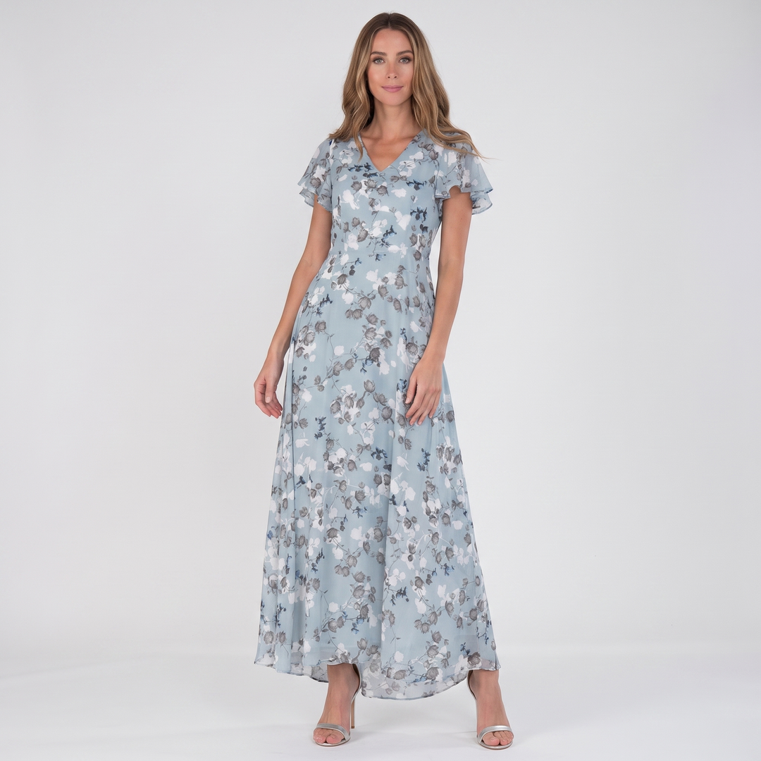 Women's Floral Chiffon Maxi Dress Flutter Sleeve V-Neck Wedding Guest