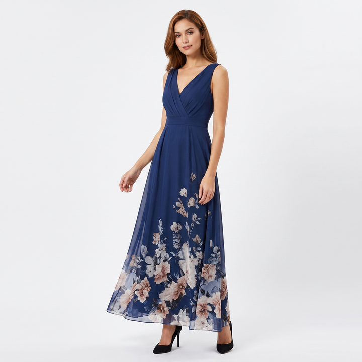 Women's Floral Border Print Maxi Dress Deep V-Neck Sleeveless Formal Gown