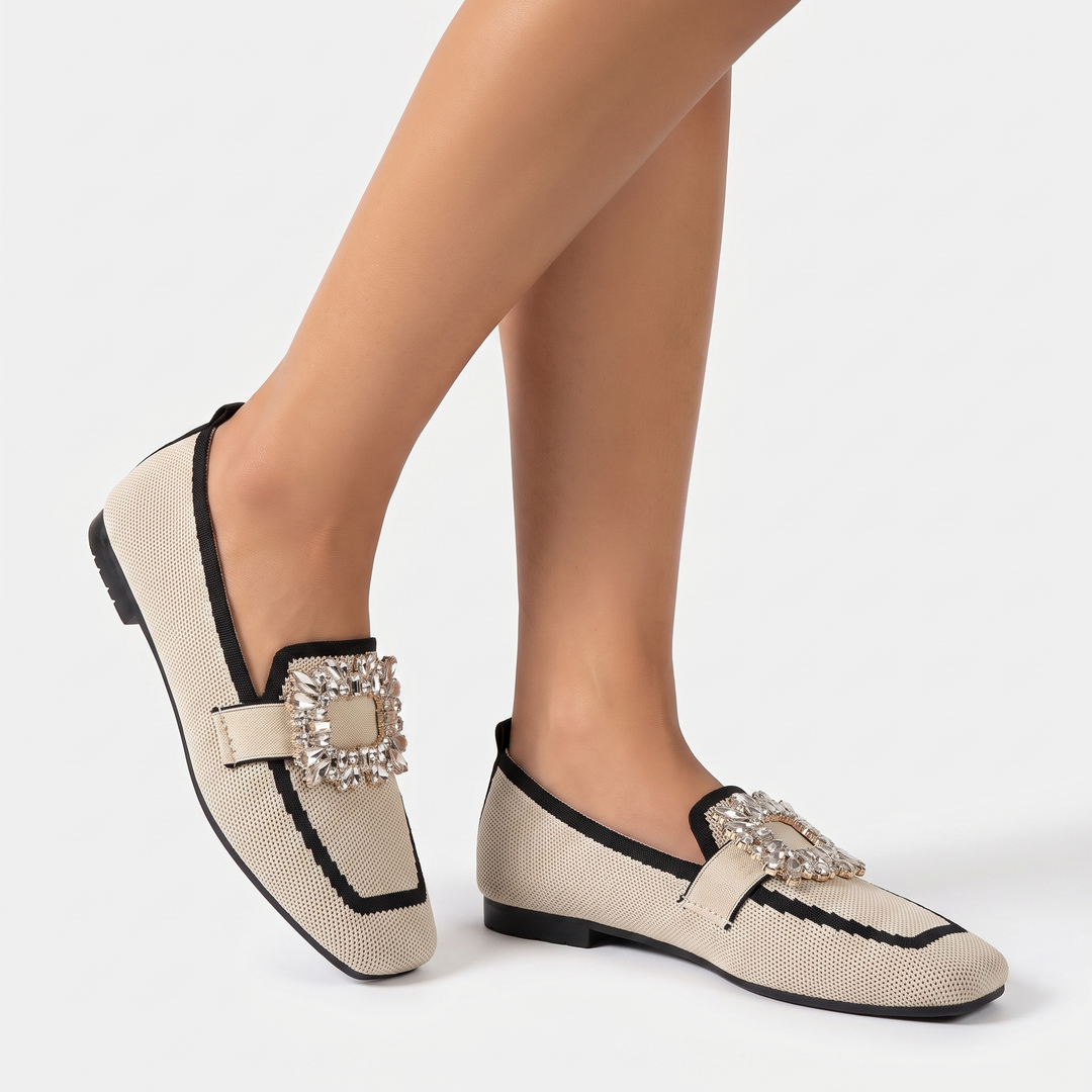 Women's Rhinestone Buckle Flat Loafers Square Toe Knit Slip On Casual Shoes