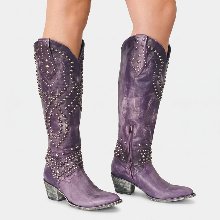 Women's Studded Knee High Western Boots Block Heel Pointed Toe Cowboy Boots