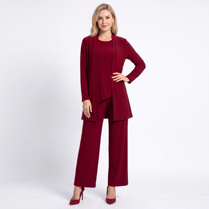 Women's Three Piece Trouser Suit Set Longline Cardigan Wide Leg Smart Casual