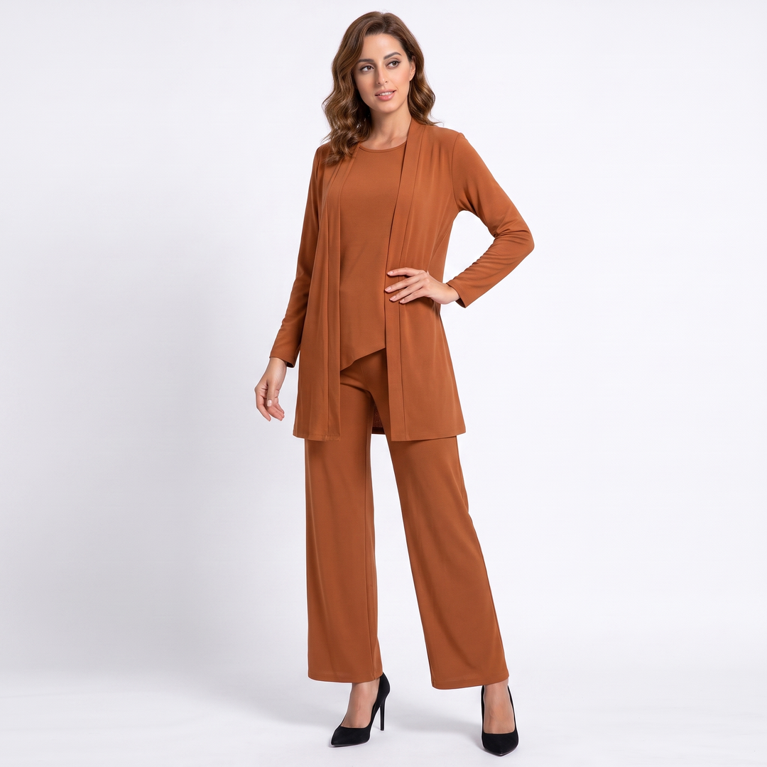 Women's Three Piece Trouser Suit Set Longline Cardigan Wide Leg Smart Casual