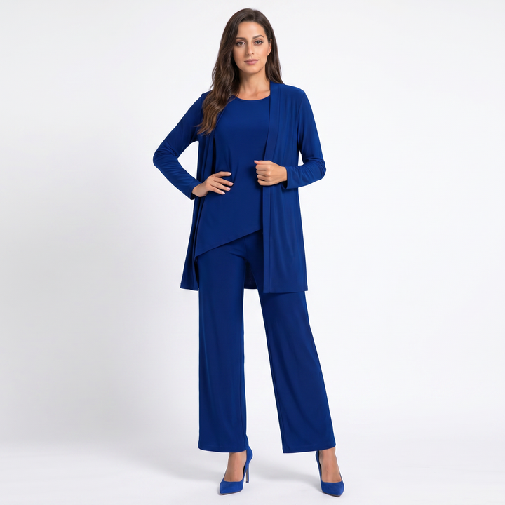 Women's Three Piece Trouser Suit Set Longline Cardigan Wide Leg Smart Casual
