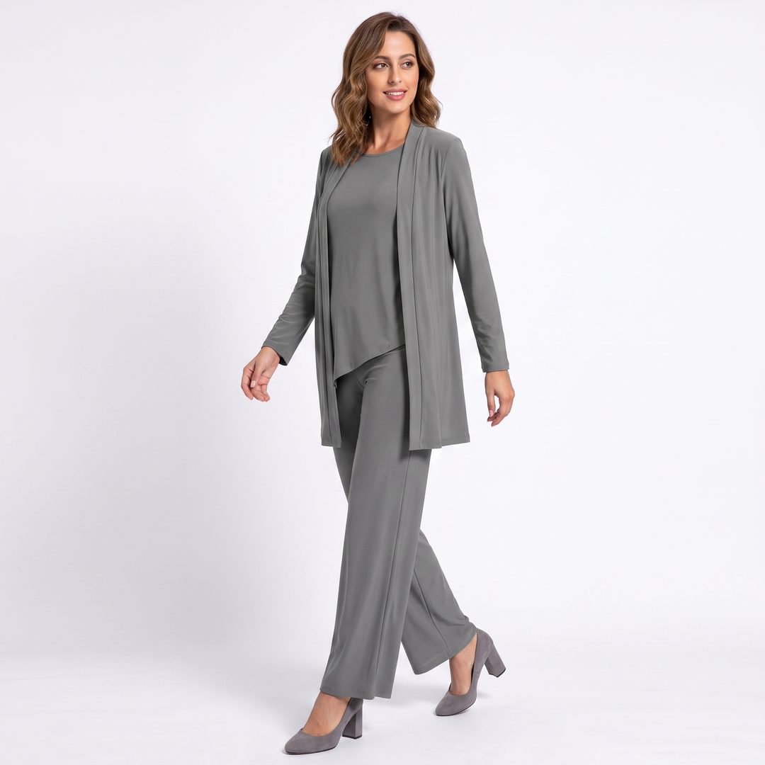 Women's Three Piece Trouser Suit Set Longline Cardigan Wide Leg Smart Casual