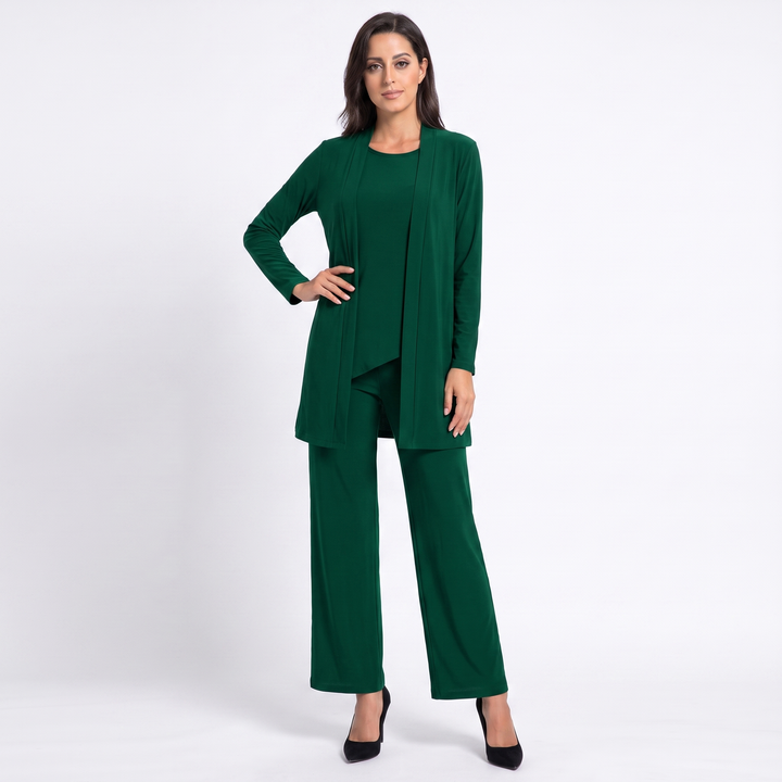 Women's Three Piece Trouser Suit Set Longline Cardigan Wide Leg Smart Casual