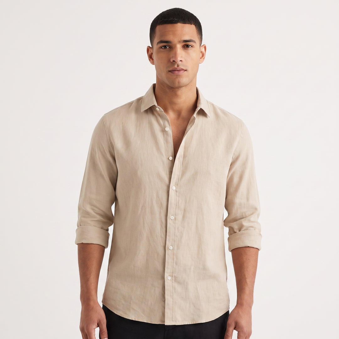 Men's Linen Long-Sleeve Shirt Slim-Fit Button-Down Smart Casual Top