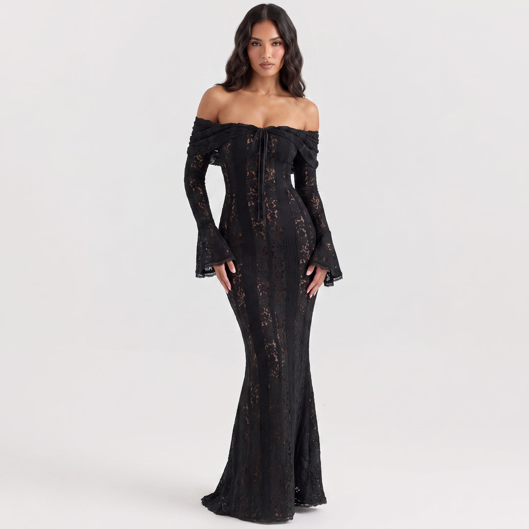 Women's Lace Corset Maxi Dress Off-Shoulder Long-Sleeve Mermaid Formal Gown