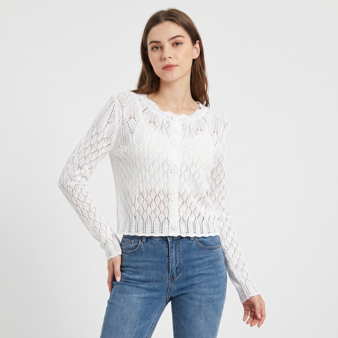 Women's Cropped Knit Cardigan Open-Weave Button-Down Long-Sleeve Lightweight Sweater