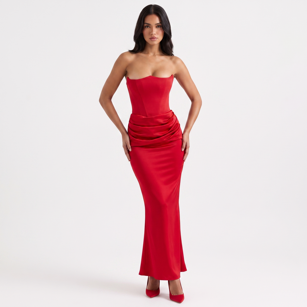 Women's Satin Corset Maxi Dress Strapless Ruched Bodycon Formal Evening Gown
