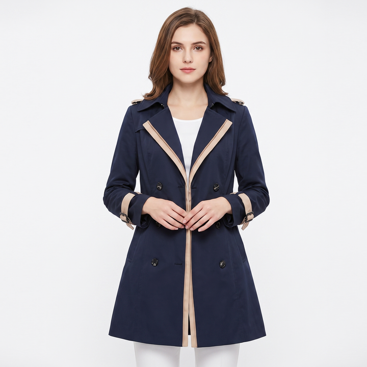 Women's Double Breasted Trench Coat Belted Contrast Trim Fitted Spring Outerwear
