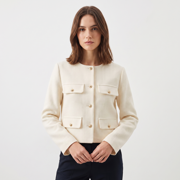 Women's Collarless Cropped Jacket Gold Button Wool Blend Boxy Smart Casual Coat