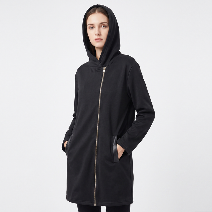 Women's Wool Blend Hooded Zip Up Coat Faux Leather Trim Midi Winter Jacket