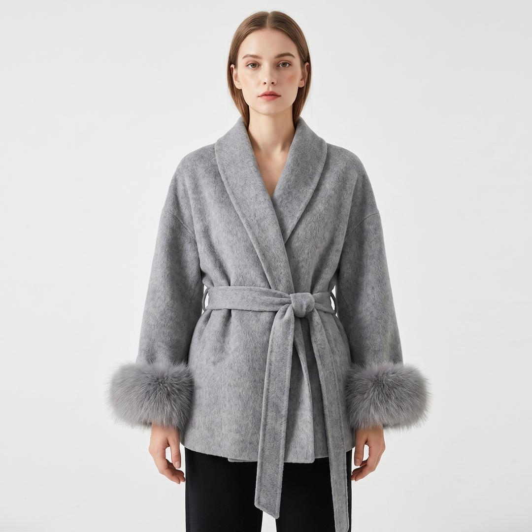 Women's Wool Blend Wrap Coat Faux Fur Cuffs Belted Shawl Collar Luxury Winter Coat