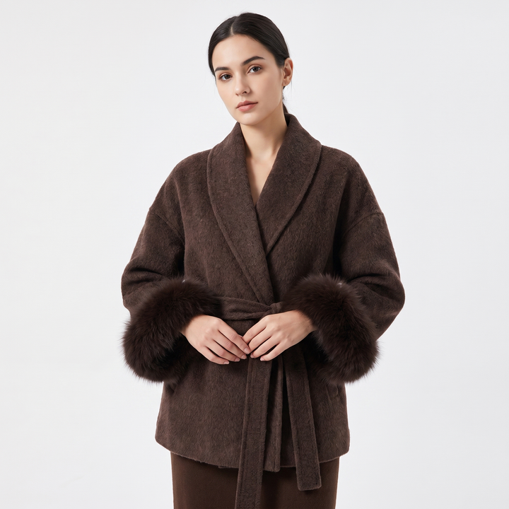 Women's Wool Blend Wrap Coat Faux Fur Cuffs Belted Shawl Collar Luxury Winter Coat