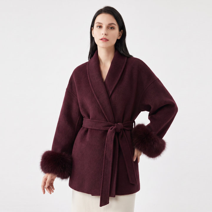 Women's Wool Blend Wrap Coat Faux Fur Cuffs Belted Shawl Collar Luxury Winter Coat