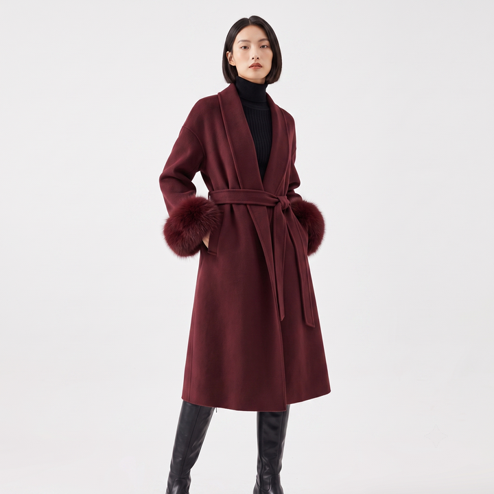 Women's Wool Blend Wrap Coat Faux Fur Cuffs Belted Shawl Collar Luxury Winter Coat