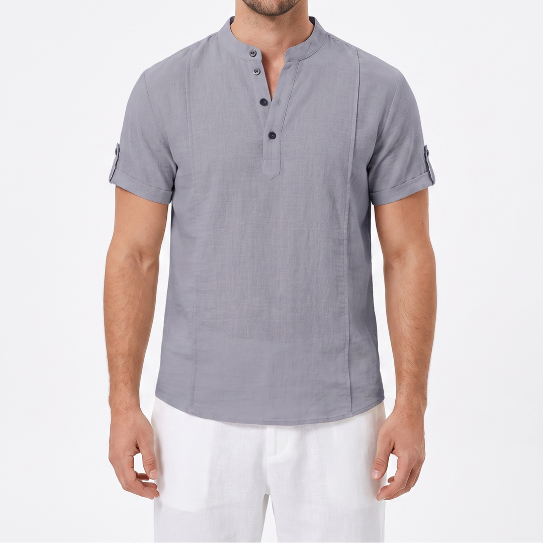 Men's Linen Henley Shirt Short-Sleeve Band Collar Casual Summer Top