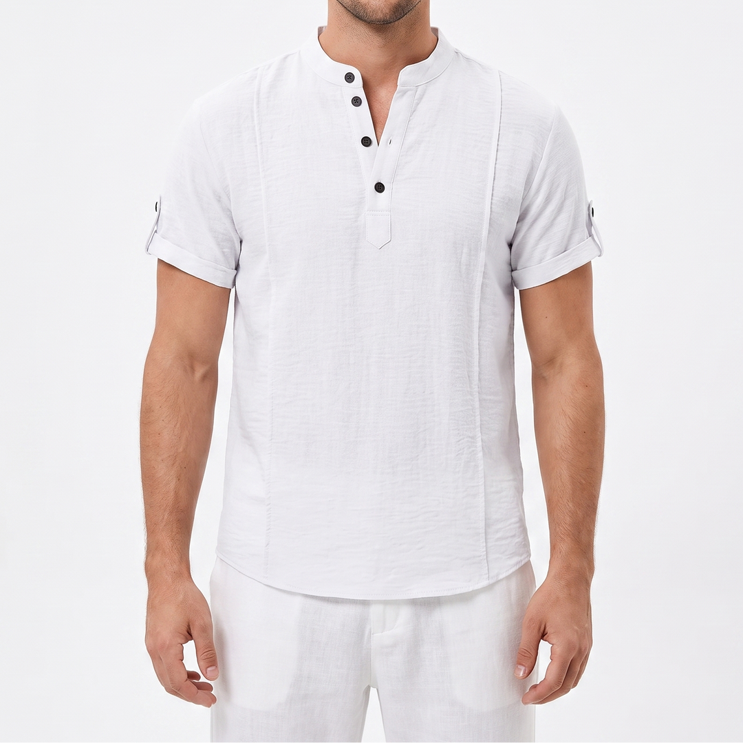Men's Linen Henley Shirt Short-Sleeve Band Collar Casual Summer Top