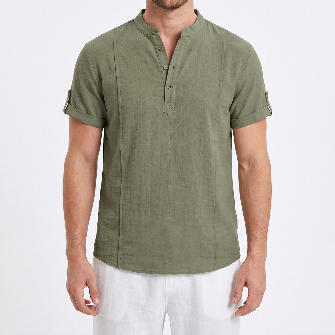 Men's Linen Henley Shirt Short-Sleeve Band Collar Casual Summer Top