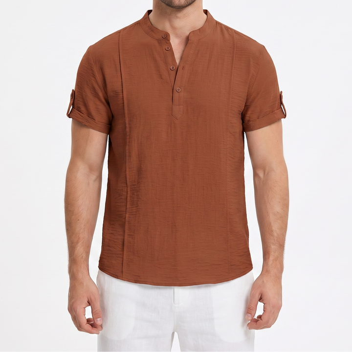 Men's Linen Henley Shirt Short-Sleeve Band Collar Casual Summer Top