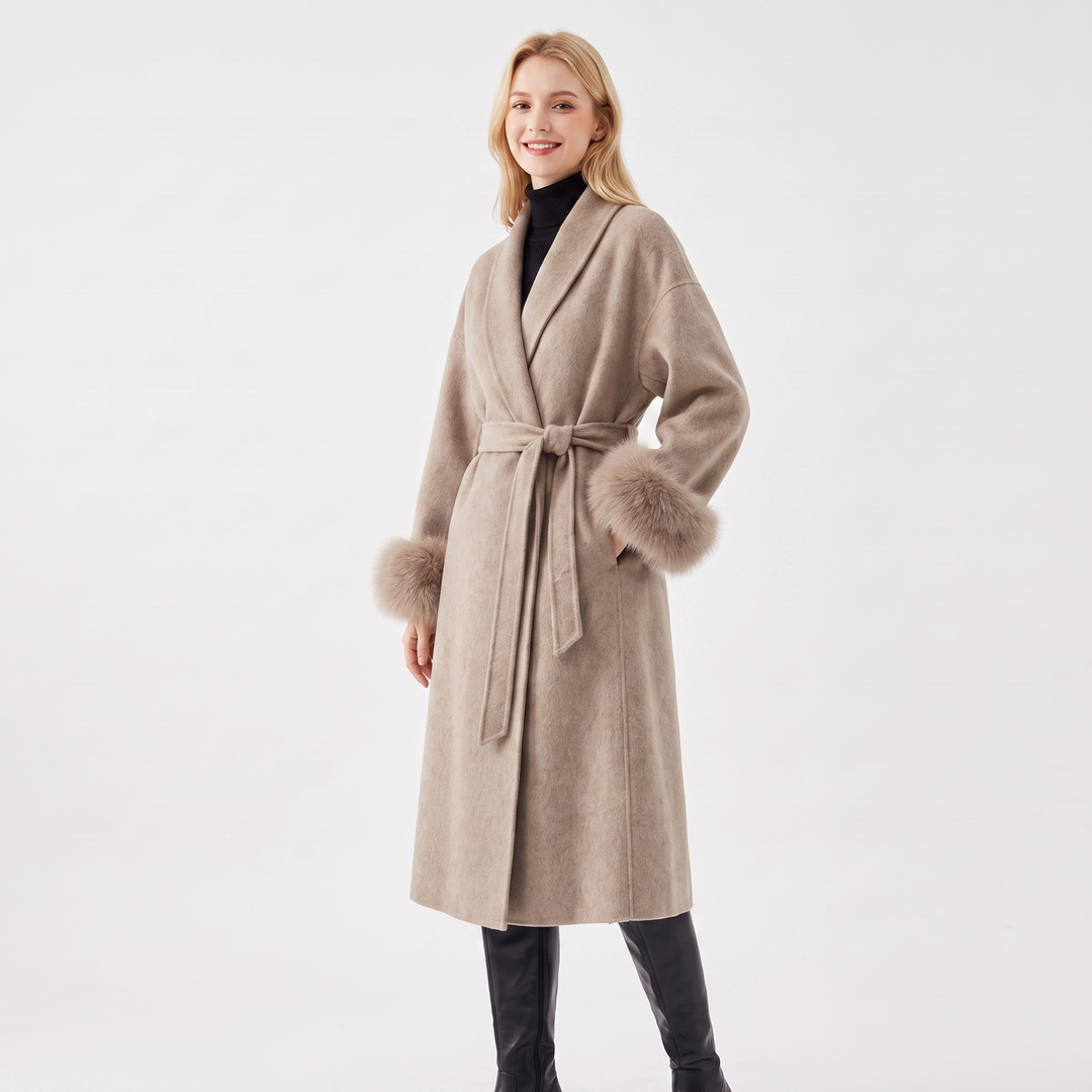 Women's Wool Blend Wrap Coat Faux Fur Cuffs Belted Shawl Collar Luxury Winter Coat