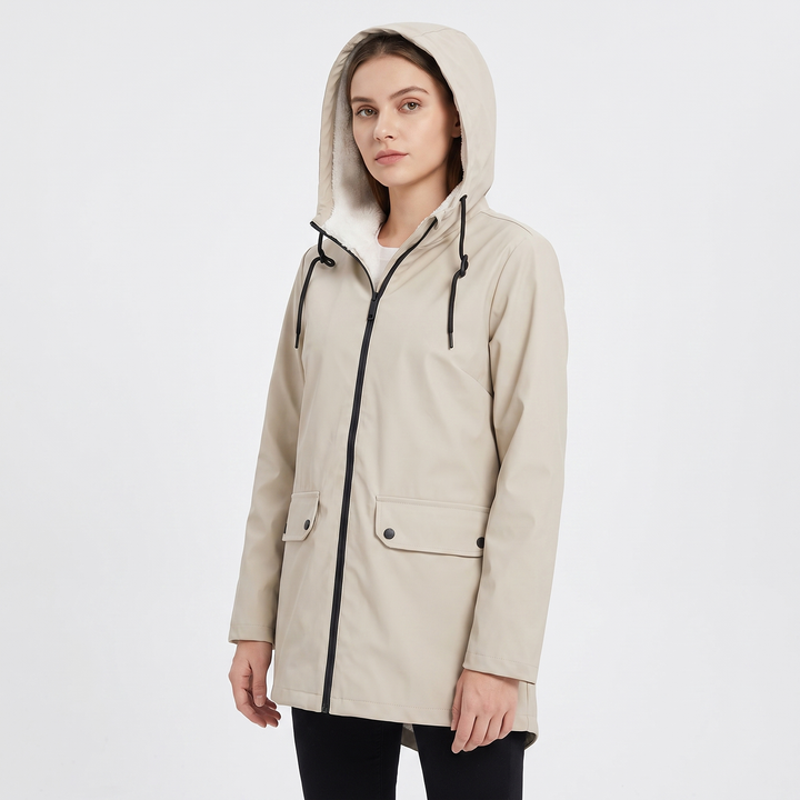 Women's Sherpa Lined Waterproof Rain Jacket Hooded Fleece Zip Up Outdoor Coat