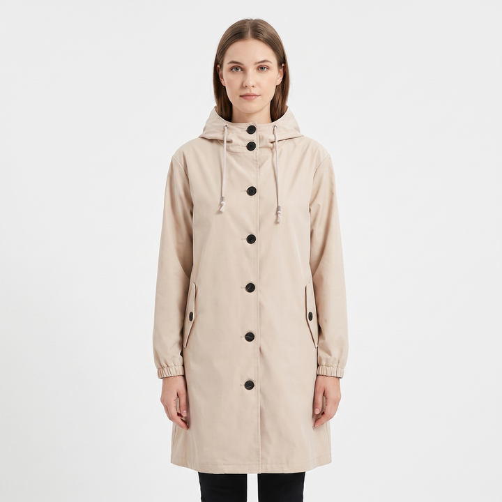 Women's Waterproof Hooded Rain Coat Button Front Longline Windproof Outdoor Jacket