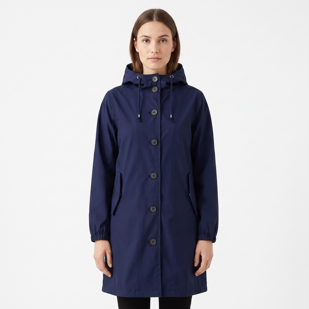 Women's Waterproof Hooded Rain Coat Button Front Longline Windproof Outdoor Jacket