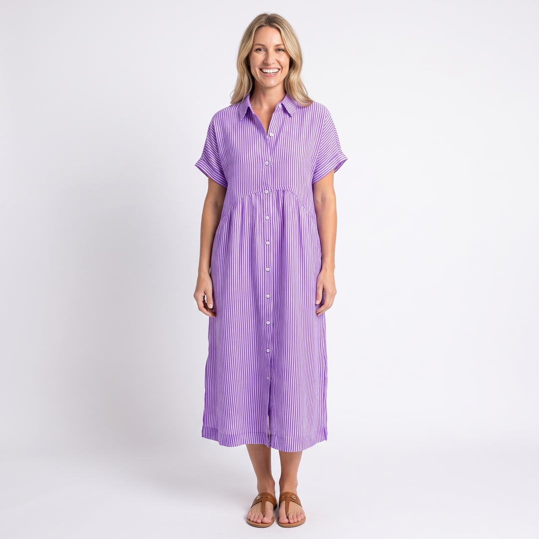 Women's Striped Linen Shirt Dress Short Sleeve Button Down Midi