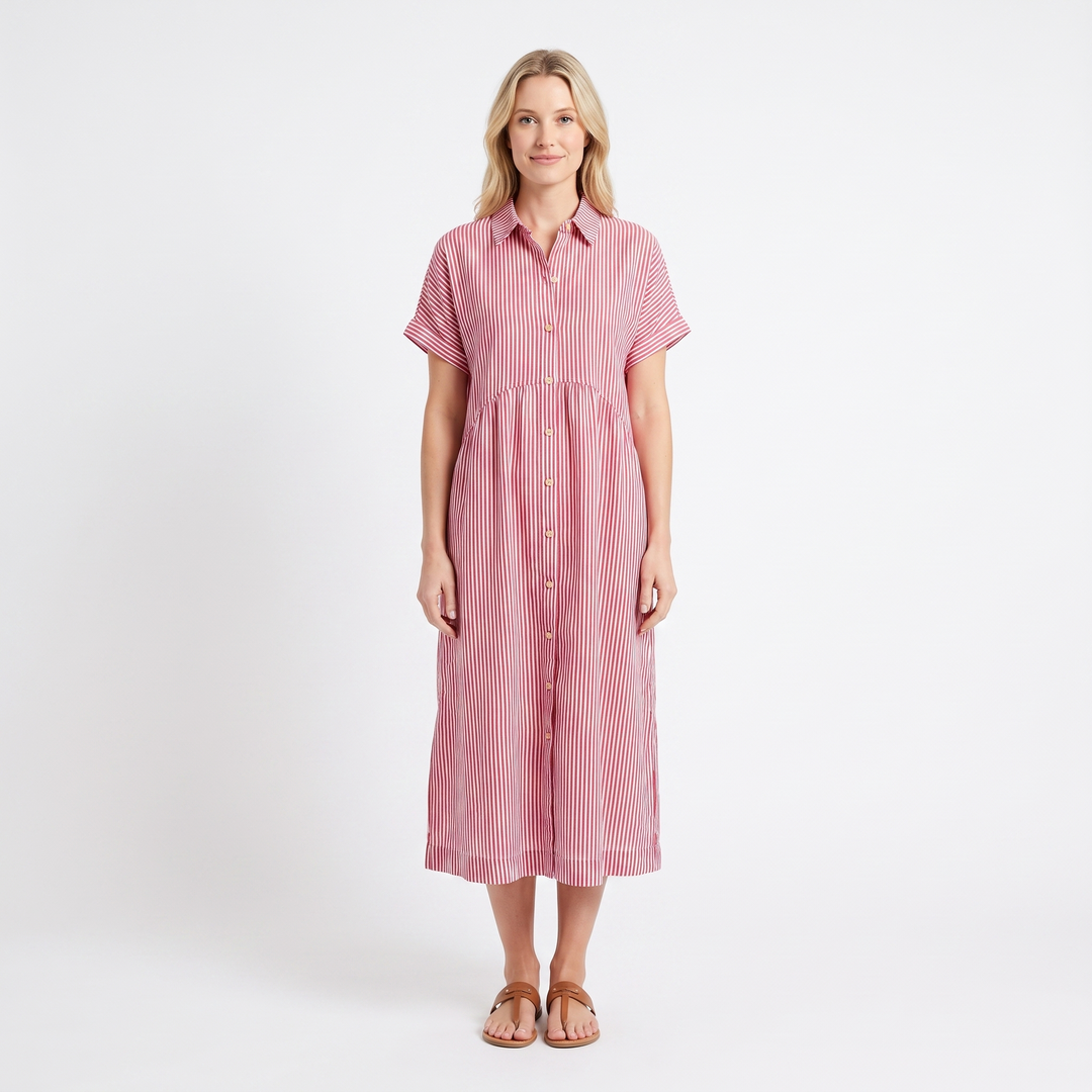 Women's Striped Linen Shirt Dress Short Sleeve Button Down Midi