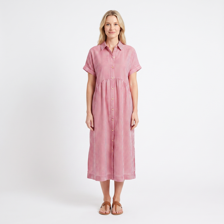 Women's Striped Linen Shirt Dress Short Sleeve Button Down Midi