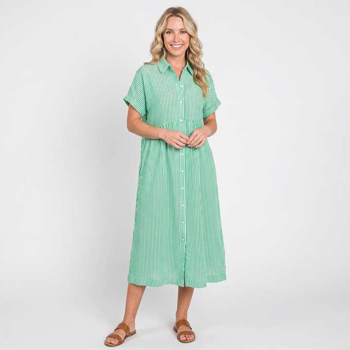 Women's Striped Linen Shirt Dress Short Sleeve Button Down Midi