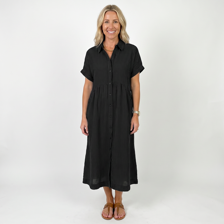 Women's Striped Linen Shirt Dress Short Sleeve Button Down Midi
