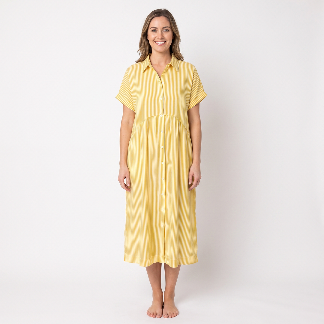 Women's Striped Linen Shirt Dress Short Sleeve Button Down Midi