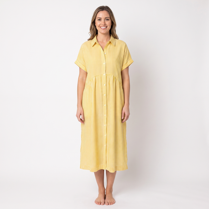 Women's Striped Linen Shirt Dress Short Sleeve Button Down Midi
