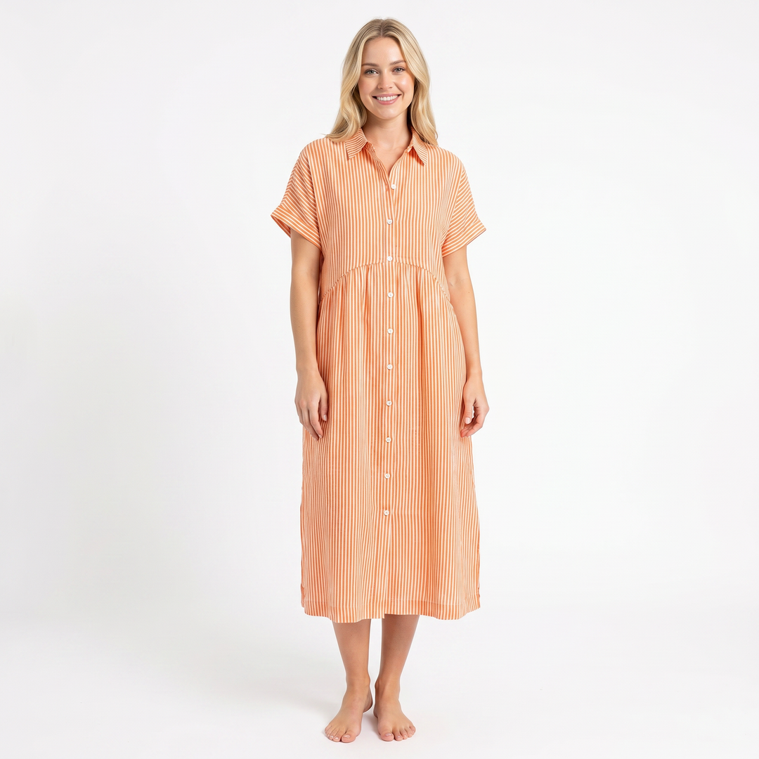 Women's Striped Linen Shirt Dress Short Sleeve Button Down Midi