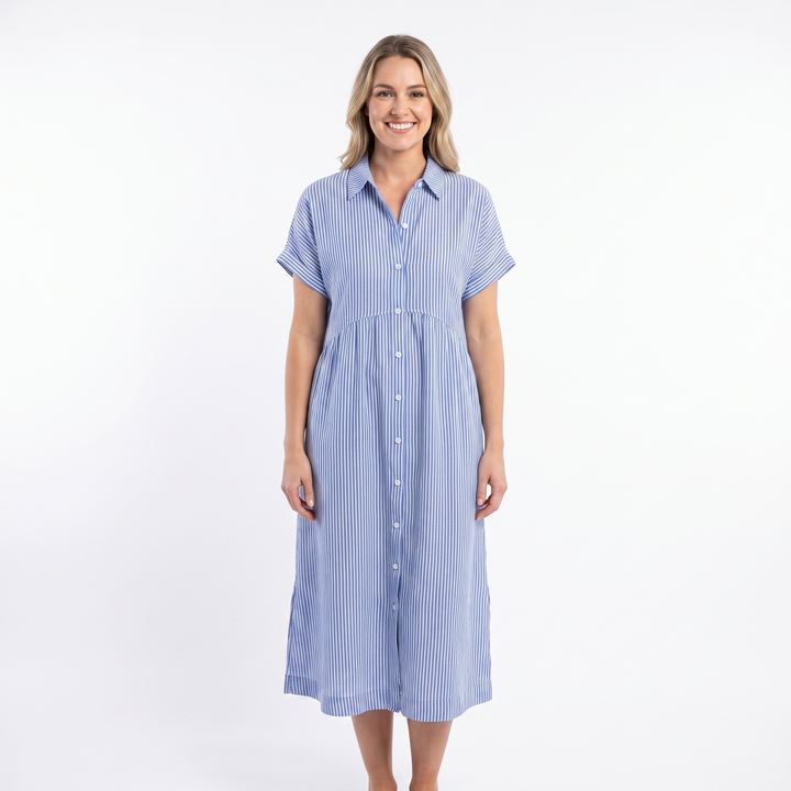 Women's Striped Linen Shirt Dress Short Sleeve Button Down Midi