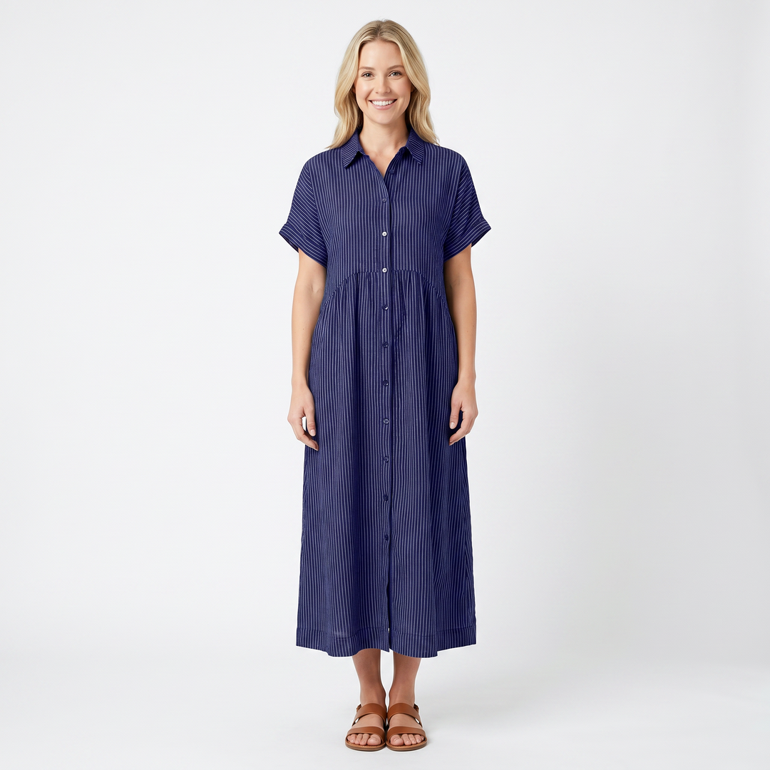 Women's Striped Linen Shirt Dress Short Sleeve Button Down Midi